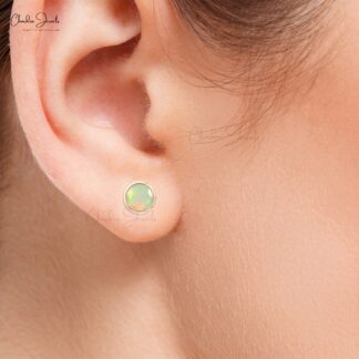 Authentic Opal Solitaire Studs 5mm Brilliant Round Cut Gemstone Tiny Earrings 14k Solid Rose Gold Bezel Set Studs For Women’s