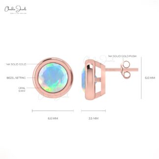 Round Brilliant Cut Opal Stud Earrings With 14K Solid Gold