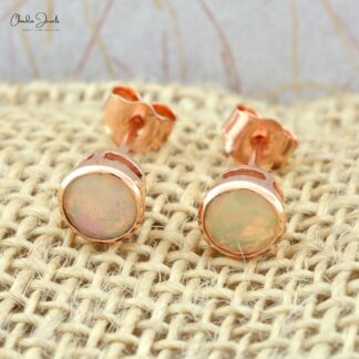 Authentic Opal Solitaire Studs 5mm Brilliant Round Cut Gemstone Tiny Earrings 14k Solid Rose Gold Bezel Set Studs For Women’s