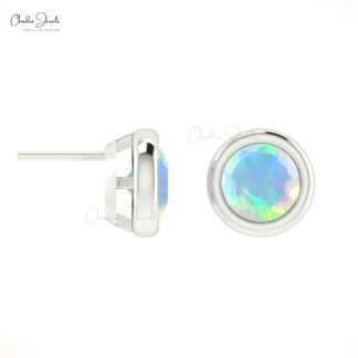 Round Brilliant Cut Opal Stud Earrings With 14K Solid Gold