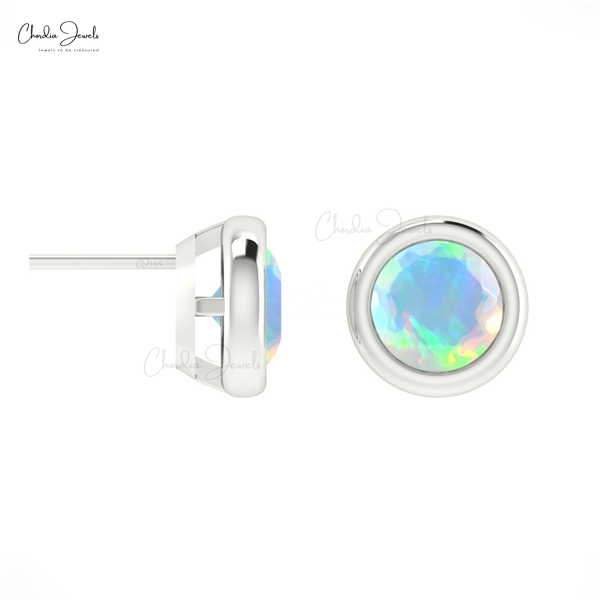 Round Brilliant Cut Opal Stud Earrings With 14K Solid Gold