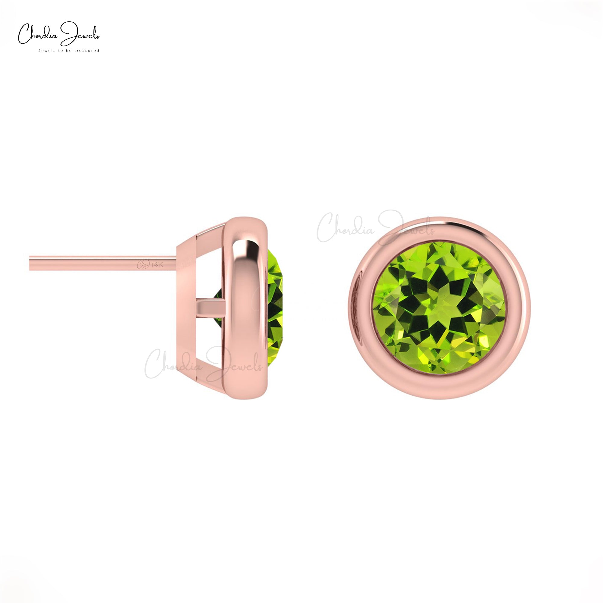 Bezel Set 5mm Gree Peridot Gemstone Solitaire Earrings in 14k Real Gold