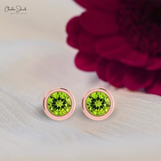 Bezel Set 5mm Gree Peridot Gemstone Solitaire Earrings in 14k Real Gold