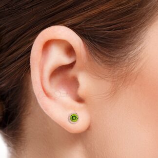 Bezel Set 5mm Gree Peridot Gemstone Solitaire Earrings in 14k Real Gold