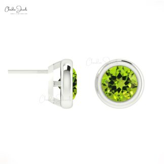 Bezel Set 5mm Gree Peridot Gemstone Solitaire Earrings in 14k Real Gold