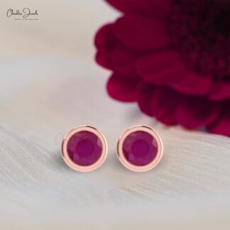 Bezel Set Natural 0.94Ct Round Ruby Solitaire Stud Earrings in Real 14k Gold