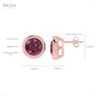 Solitaire 5mm Rhodolite Garnet Gemstone Dainty Stud Earrings in 14k Solid Gold
