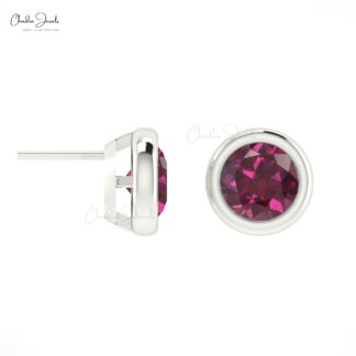 Solitaire 5mm Rhodolite Garnet Gemstone Dainty Stud Earrings in 14k Solid Gold