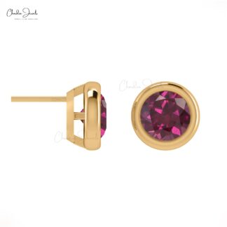 Solitaire 5mm Rhodolite Garnet Gemstone Dainty Stud Earrings in 14k Solid Gold