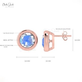 0.28 Carats Round Rainbow Moonstone Solitaire Stud Earrings In 14k Solid Gold