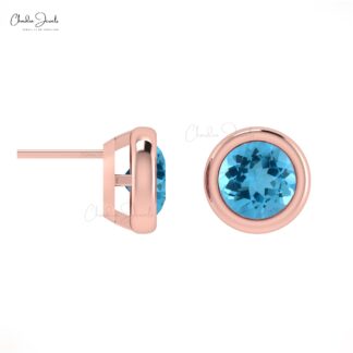 Round Bezel Set Studs In 14k Solid Gold Swiss Blue Topaz 5mm Gemstone Solitaire Earrings