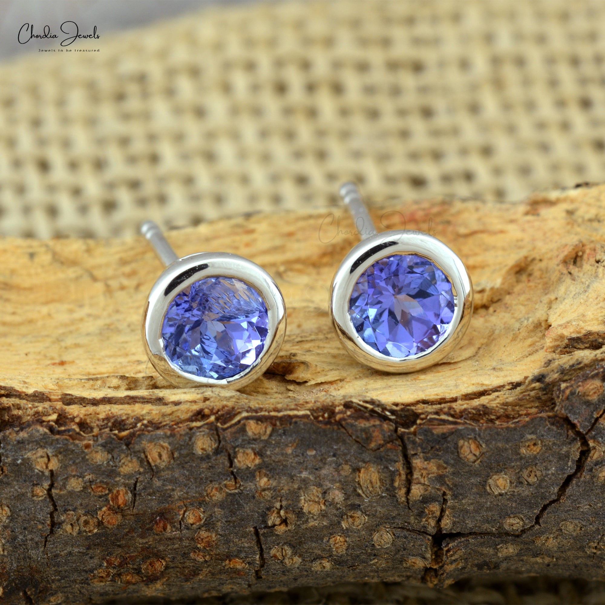 Round-Cut Tanzanite Solitaire Studs Earrings in 14k Solid White Gold Minimalist Jewelry