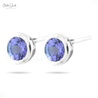 Round-Cut Tanzanite Solitaire Studs Earrings in 14k Solid White Gold Minimalist Jewelry