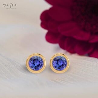 Genuine Tanzanite December Birthstone Solitaire Studs 14k Real Gold Dainty Jewelry 5mm Round Cut Push Back Earrings For Easter Day