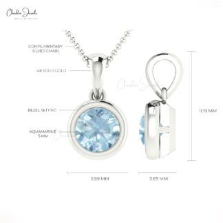 Brilliant Cut Aquamarine Charm In Solid 14k Gold March Birthstone Solitaire Pendant
