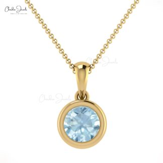 Brilliant Cut Aquamarine Charm In Solid 14k Gold March Birthstone Solitaire Pendant