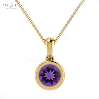 Purple Amethyst 5mm Round Cut Solitaire Pendant 14k Solid Gold Charm Jewelry Gift