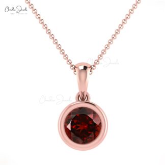 Round Red Garnet Solitaire Charm In 14k Real Gold Gemstone Minimalist Pendant