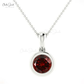 Round Red Garnet Solitaire Charm In 14k Real Gold Gemstone Minimalist Pendant