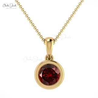 Round Red Garnet Solitaire Charm In 14k Real Gold Gemstone Minimalist Pendant