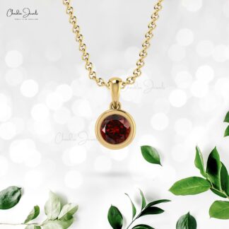 Round Red Garnet Solitaire Charm In 14k Real Gold Gemstone Minimalist Pendant
