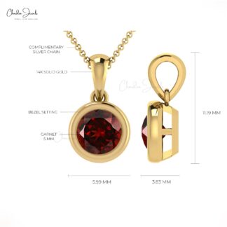 Round Red Garnet Solitaire Charm In 14k Real Gold Gemstone Minimalist Pendant