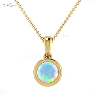 Natural Ethiopian Opal 0.42Ct Round Cut Handmade Pendant 14k Real Gold Minimalist Jewelry