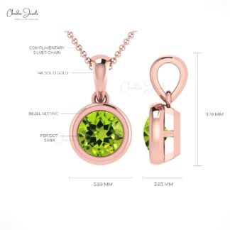 Solitaire Gemstone Charm with 5mm Peridot Bezel Set In 14k Solid Gold Pendant