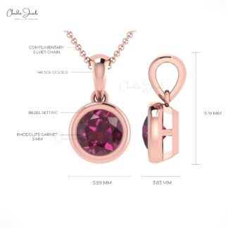 Natural Rhodolite Garnet 5mm Round Cut Pendant 14k Real Gold Handmade Fine Jewelry