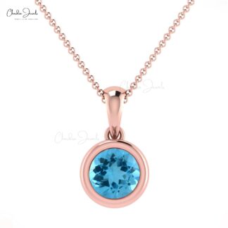 Real 14k Gold Dangle Pendant With 0.6 Ct Swiss Blue Topaz Bezel Set Solitaire Necklace