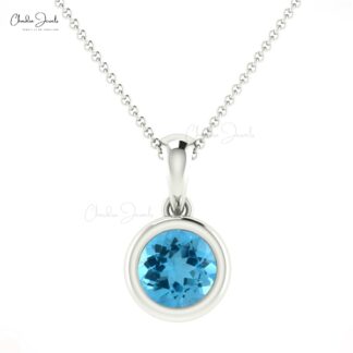 Real 14k Gold Dangle Pendant With 0.6 Ct Swiss Blue Topaz Bezel Set Solitaire Necklace