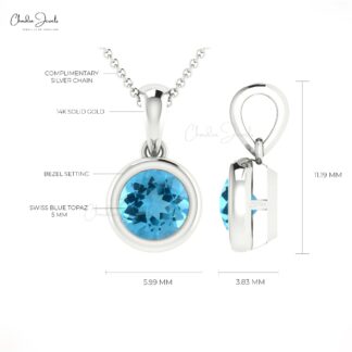 Real 14k Gold Dangle Pendant With 0.6 Ct Swiss Blue Topaz Bezel Set Solitaire Necklace