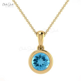 Real 14k Gold Dangle Pendant With 0.6 Ct Swiss Blue Topaz Bezel Set Solitaire Necklace