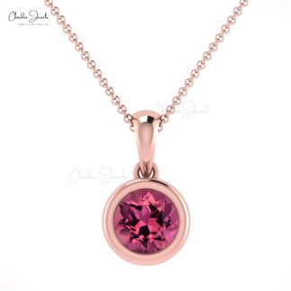 Brilliant Round Cut 5mm Pink Tourmaline Solitaire Pendant 14k Solid Gold Pendant For Birthday Gift
