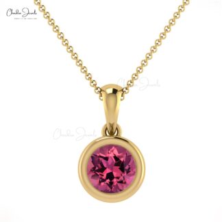 Brilliant Round Cut 5mm Pink Tourmaline Solitaire Pendant 14k Solid Gold Pendant For Birthday Gift