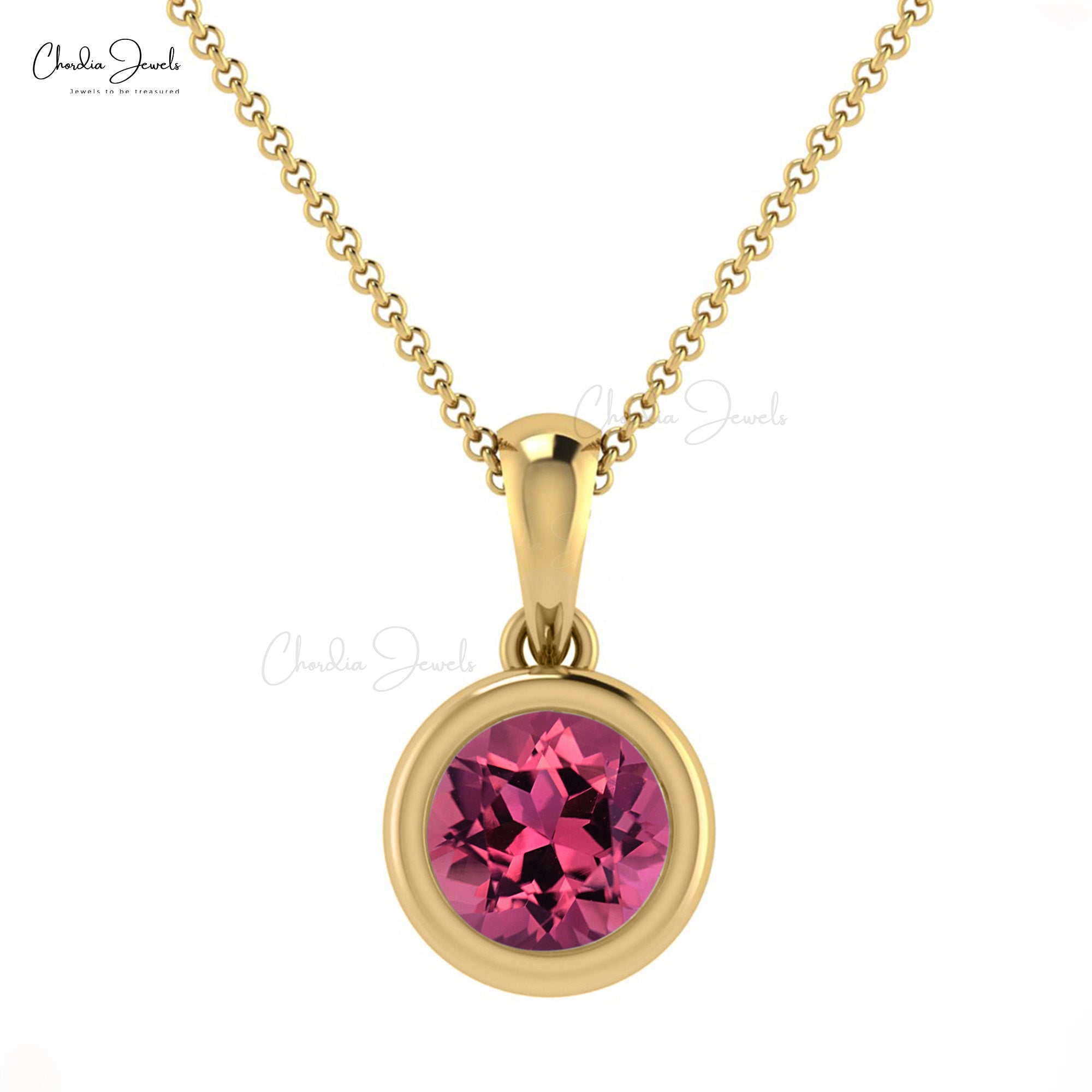 Brilliant Round Cut 5mm Pink Tourmaline Solitaire Pendant 14k Solid Gold Pendant For Birthday Gift