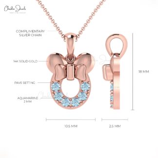 Solid 14k Gold March Birthstone Gemstone Kids Pendant Hallmarked Jewelry For Girls 2mm Round Brilliant Cut Natural Aquamarine Mickey Mouse Pendant