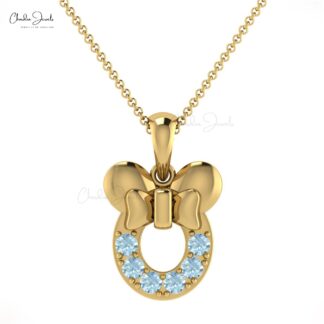 Solid 14k Gold March Birthstone Gemstone Kids Pendant Hallmarked Jewelry For Girls 2mm Round Brilliant Cut Natural Aquamarine Mickey Mouse Pendant