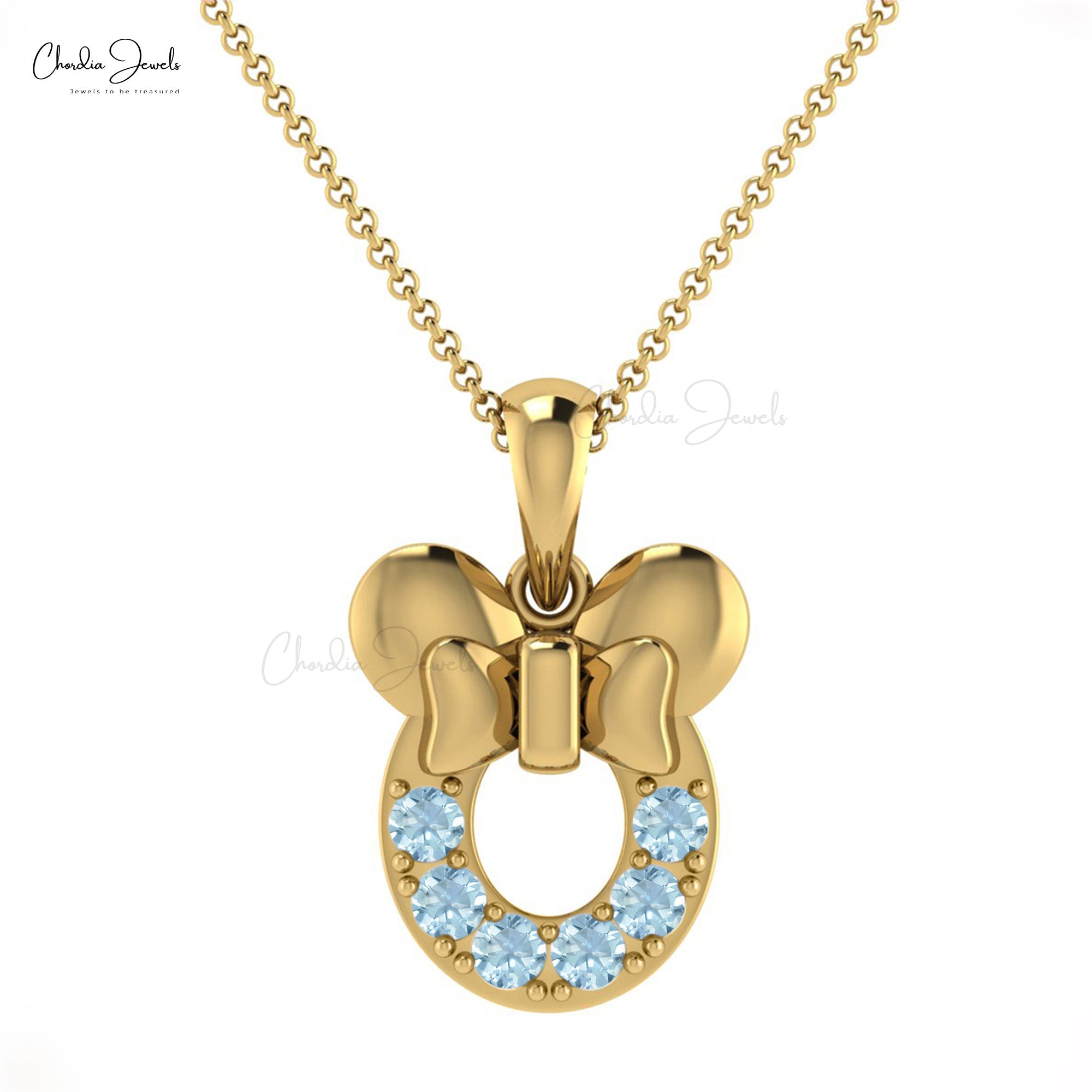 Solid 14k Gold March Birthstone Gemstone Kids Pendant Hallmarked Jewelry For Girls 2mm Round Brilliant Cut Natural Aquamarine Mickey Mouse Pendant