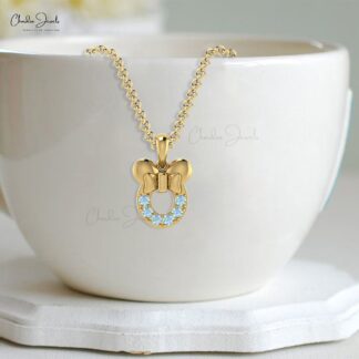 Solid 14k Gold March Birthstone Gemstone Kids Pendant Hallmarked Jewelry For Girls 2mm Round Brilliant Cut Natural Aquamarine Mickey Mouse Pendant