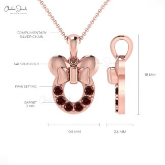 Customized Creative Kids Pendant Necklace 2mm Round Genuine Red Garnet Gemstone Mickey Mouse Pendant in 14k Solid Gold Jewelry For Gift