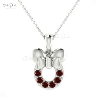 Customized Creative Kids Pendant Necklace 2mm Round Genuine Red Garnet Gemstone Mickey Mouse Pendant in 14k Solid Gold Jewelry For Gift