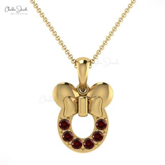 Customized Creative Kids Pendant Necklace 2mm Round Genuine Red Garnet Gemstone Mickey Mouse Pendant in 14k Solid Gold Jewelry For Gift