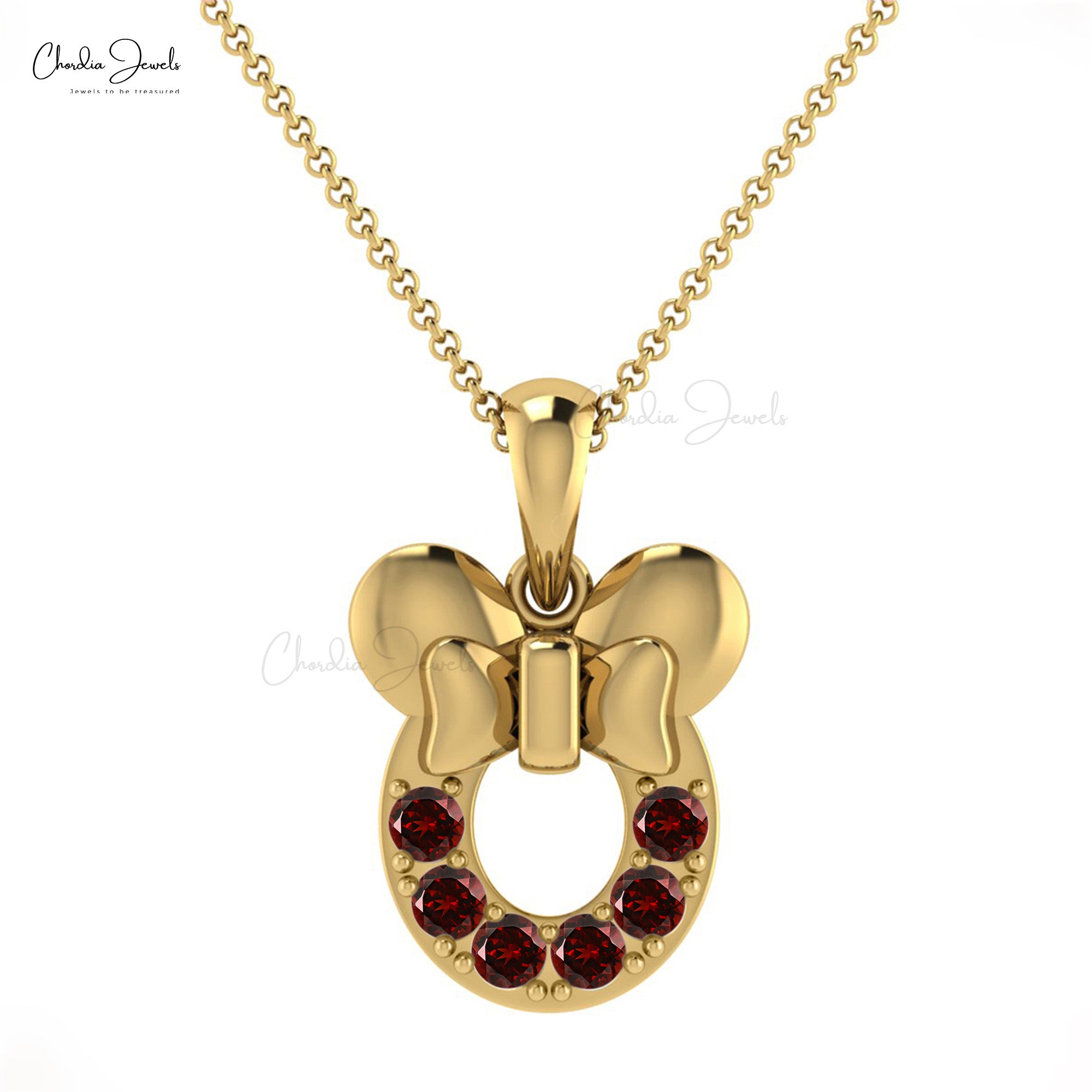 Customized Creative Kids Pendant Necklace 2mm Round Genuine Red Garnet Gemstone Mickey Mouse Pendant in 14k Solid Gold Jewelry For Gift
