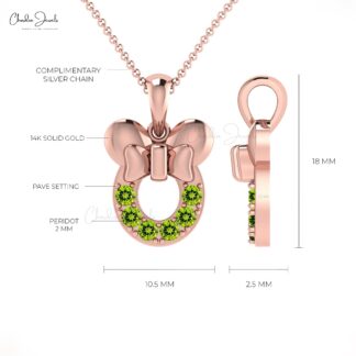 Exquisite Cartoon Dainty Disney Pendant Necklace Pendant Authentic Green Peridot Mickey Mouse Pendant in 14k Solid Gold Birthday Gift For Daughter