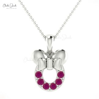 Round Cut Mickey Mouse Pendant With 2mm Burma Ruby Pave In 14k White Gold Kids Necklace