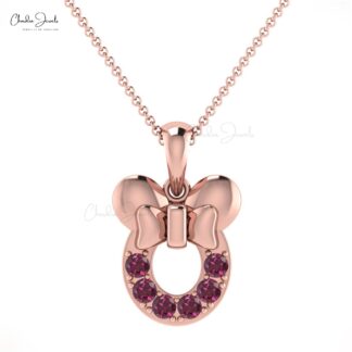 Round 2mm Brilliant Shape 0.3 Ct Genuine Rhodolite Garnet Mickey Mouse Pendant 14k Solid Gold January Birthstone Kids Pendant Minimalist Jewelry