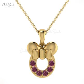 Round 2mm Brilliant Shape 0.3 Ct Genuine Rhodolite Garnet Mickey Mouse Pendant 14k Solid Gold January Birthstone Kids Pendant Minimalist Jewelry