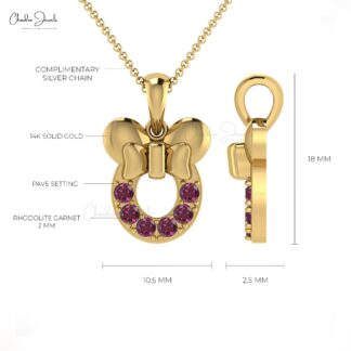 Round 2mm Brilliant Shape 0.3 Ct Genuine Rhodolite Garnet Mickey Mouse Pendant 14k Solid Gold January Birthstone Kids Pendant Minimalist Jewelry