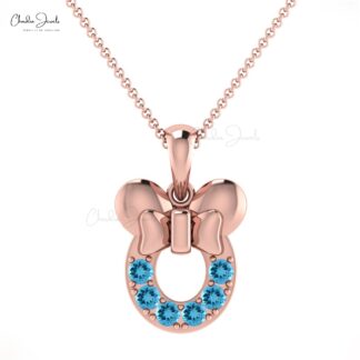 AAA Quality 2mm Round Brilliant Cut Natural Swiss Blue Topaz Kids Pendant 14k Solid Gold Pave Set Gemstone Mickey Mouse Pendant Light Weight Jewelry